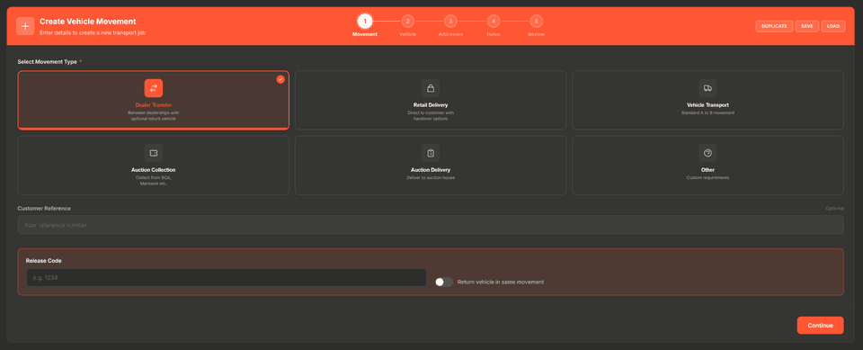 G2Link Create Vehicle Movement screen with movement type selection and 5-step booking wizard