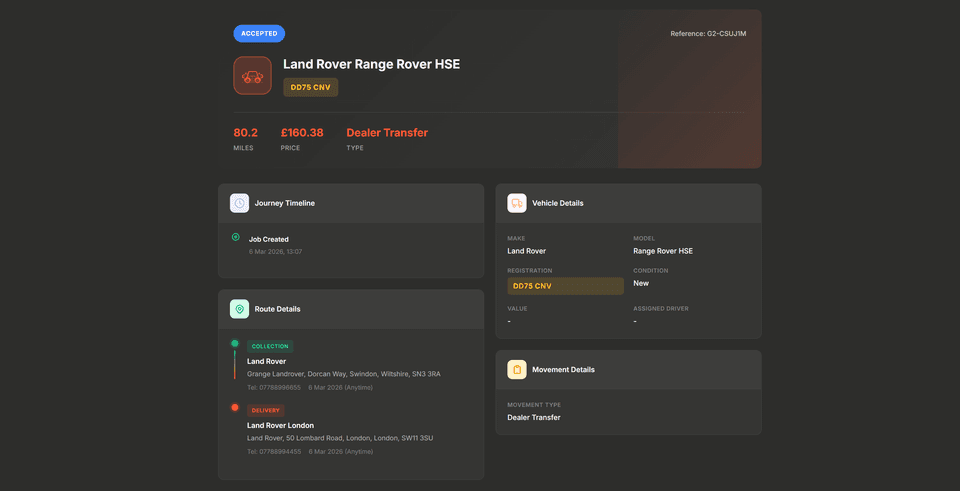 G2Link job detail view showing Land Rover Range Rover HSE with 80.2 miles, price, journey timeline, vehicle details, and route information