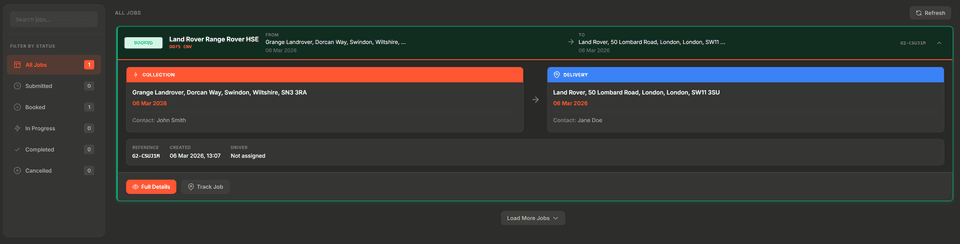 G2Link jobs dashboard with status filters, collection and delivery details