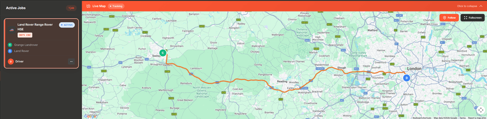 G2Link live tracking map showing active vehicle route with real-time GPS