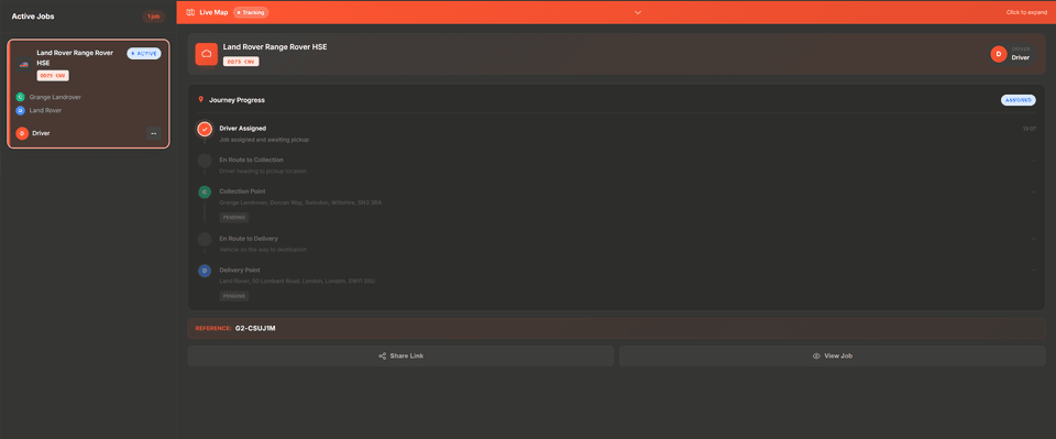 G2Link journey progress timeline showing Driver Assigned, En Route to Collection, Collection Point, En Route to Delivery, and Delivery Point with Share Link option